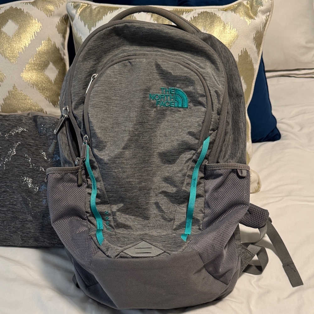 The North Face Gray Backpack with Aqua Details